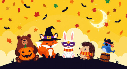 Obraz premium Cute Halloween Animals Celebrate Autumn with Pumpkins, Bats, and Falling Leaves