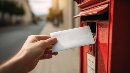 A close-up of a human hand inserting a white envelope into a red mailbox, envelope in sharp focus.