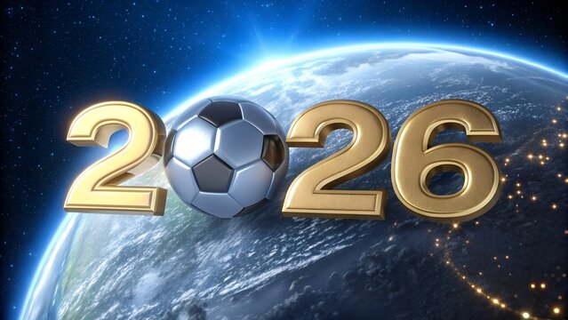 The year 2026 with a soccer ball in front of the earth in space