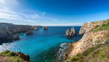 Fototapeta premium Majestic Coastal Landscape Featuring Towering Cliffs Vibrant Turquoise Waters And Rocky Formations Under A Bright Blue Sky Capturing The Essence Of Natural Beauty And Tranquility