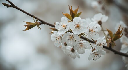 Obraz premium Delicate white flowers on branch detail against blurred background
