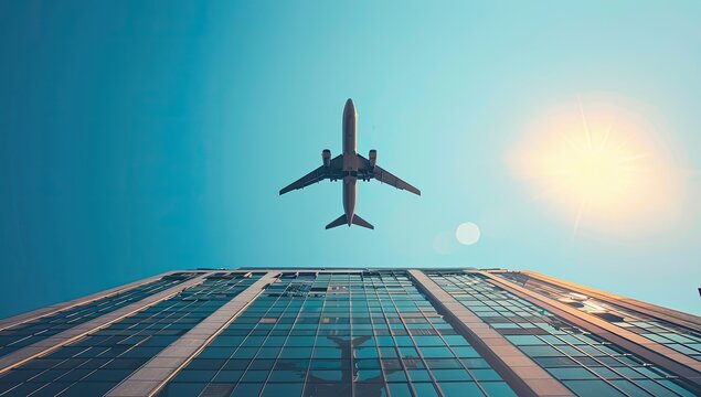 Low-angle view of a passenger jet flying over a modern glass skyscraper against a vibrant blue sky with a bright sun