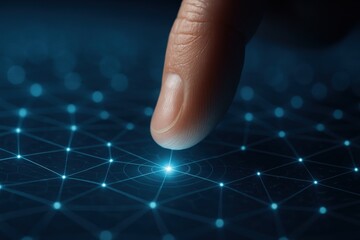 Finger touching glowing digital network point on blue technology grid 
