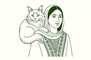 Serene Woman in Headscarf with Fluffy Cat Companion. Elegant Green Line Art Illustration on White.