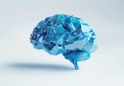 Low-poly, blue 3D model of a human brain, rendered against a light-grey background, showing interconnected nodes