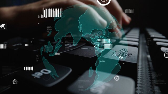 A close-up shot of hands typing on a keyboard, with a digital overlay of global network visualization, symbolizing modern communication, technology, and connectivity. Xenic