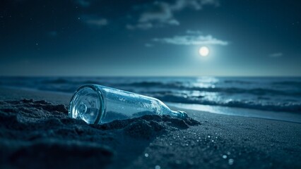Beautiful night seascape with a bottle lying in the sand