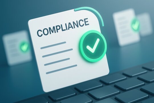 Digital compliance document with green approval checkmark above computer keyboard 
