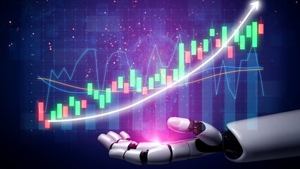 A futuristic robotic hand holds a glowing orb amidst digital stock market charts, symbolizing growth, technology integration, and innovation in finance. Copula