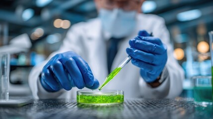 Gloved hands perform chemical laboratory experiment. Precise dropper adds vibrant green chemical liquid reagent clear petri dish. Flasks test tubes are on shiny lab surface for scientific analysis.