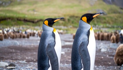 Fototapeta premium Two king penguins stand facing away from the camera, with a large colony of penguins in the background