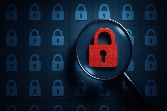 Magnifying glass highlighting red closed lock symbol for cybersecurity protection 
