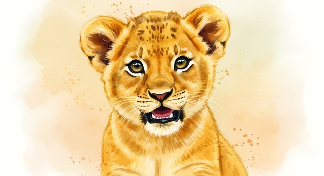 Charming lion cub portrait illustration with warm colors and inviting gaze