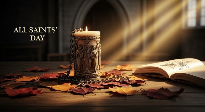 All Hallows Day Feast of All Saints spiritual solemnity featuring a glowing candle, a rosary, an open sacred book, scattered autumn leaves, and sunlight filling an ancient church interior.