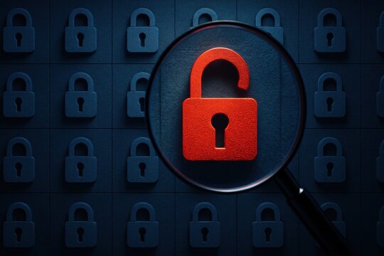 Magnifying glass focusing on red open lock symbol representing cyber vulnerability 
