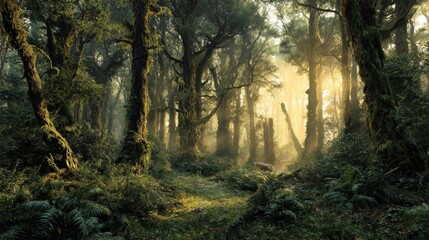 Fototapeta premium Misty Sunrise in Ancient Forest