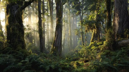 Obraz premium Misty Sunrise in Ancient Forest