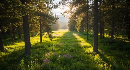 Fototapeta premium Forest pathway with sunlight shining through trees and greenery