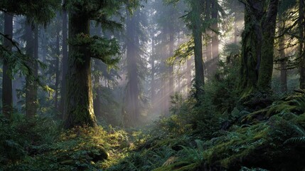 Obraz premium Misty Sunrise in Ancient Forest