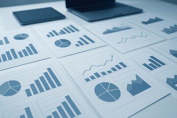 Business financial reports with charts and graphs on desk near laptop 
