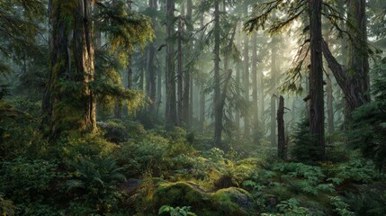 Obraz premium Misty Sunrise in Ancient Forest