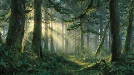 Fototapeta premium Misty Sunrise in Ancient Forest