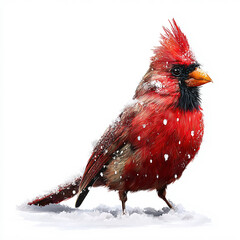 Vibrant Red Cardinal Bird in Snow on a White Background

