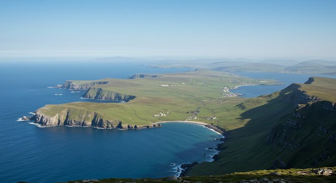 Aerial view of rugged coastline with cliffs and ocean waters under clear sky - Powered by Adobe