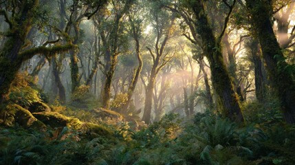 Obraz premium Misty Sunrise in Ancient Forest