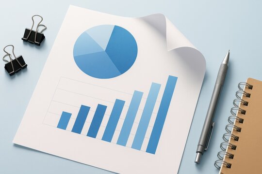 Paper with bar and pie charts on desk with pen and notebook 
