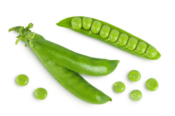 Fresh green pea pod with beans isolated on white background. Top view. Flat lay