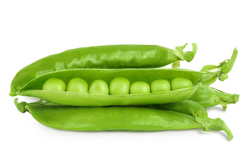Fresh green pea pod with beans isolated on white background