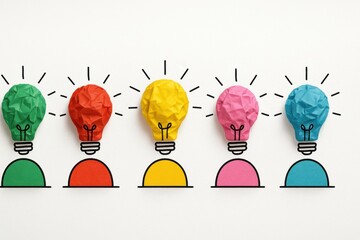Row of colorful paper light bulb ideas representing creativity and solutions