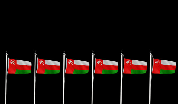 High-quality oman national flag row of flags waving against a black background - Symbol of culture, heritage, and patriotism