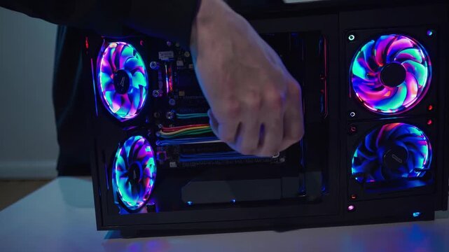 Person assembling computer components inside a modern pc case featuring multiple rgb cooling fans illuminating the internal hardware, highlighting the process of building high performance technology