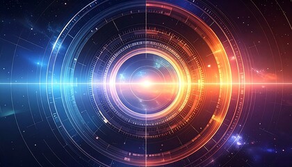 A dynamic, futuristic design featuring concentric circles in vibrant orange and blue hues, emphasizing a central focal point and a sense of deep space.