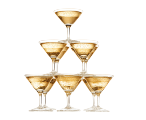 Champagne glasses stacked in a pyramid formation