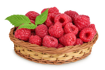 Ripe raspberries in wicker basket isolated on a white background