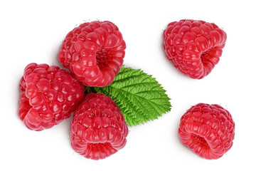 Ripe raspberries with leaf isolated on a white background. Top view. Flat lay