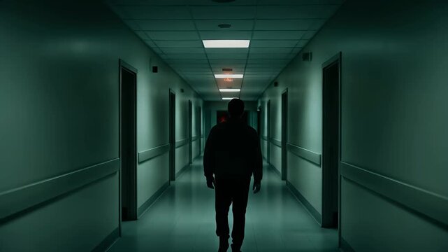 Man walks down dark hospital hallway into unsettling unknown