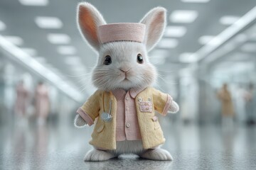 A charming fluffy bunny doctor wearing a stethoscope in a hospital setting.