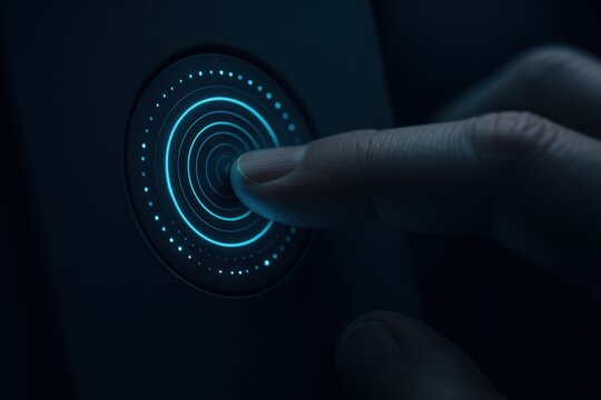 Finger pressing futuristic glowing biometric fingerprint scanner 
 - Powered by Adobe