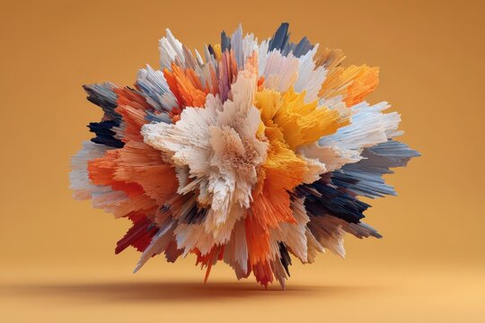 Colorful abstract 3D burst of jagged forms against a warm orange background.