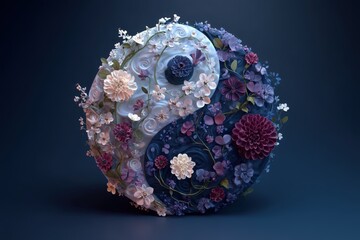 Yin-yang symbol adorned with intricate flowers, blending white and dark blue with pink and purple tones. Floral arrangement includes roses and blossoms, creating an elegant, harmonious design