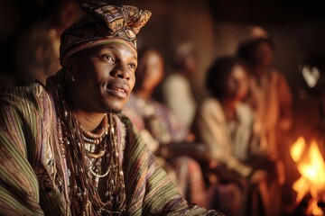 A man in traditional attire gazes thoughtfully, adorned with jewelry and patterned fabric. Warm lighting and blurred figures in the background provide a cozy, intimate atmosphere
