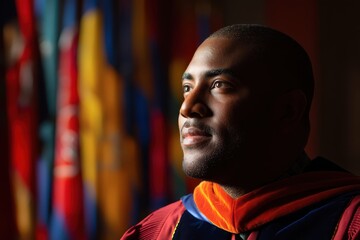 Man looks thoughtfully into distance, adorned in graduation attire with vibrant robes. Background features colorful blurred banners, creating a sense of achievement and anticipation