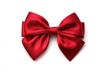A vibrant red ribbon bow elegantly tied, isolated on a pristine white background, exuding a festive and cheerful vibe, perfect for gift wrapping or holiday celebrations.