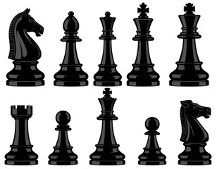 Full set of black chess pieces, including rooks, knights, bishops, pawns, queens, and kings, arranged in a grid-like formation against a plain white background.
