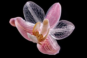 Delicate orchid with translucent, intricate petals in shades of pink and white, showcasing detailed veining and a striking, central column. Beautiful and ethereal floral close-up
