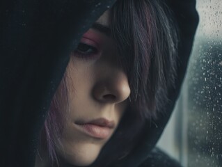 Young person in dark hoodie gazes pensively out of a rain-speckled window, their expression thoughtful. Soft light illuminates their face, casting gentle shadows and highlighting colored hair